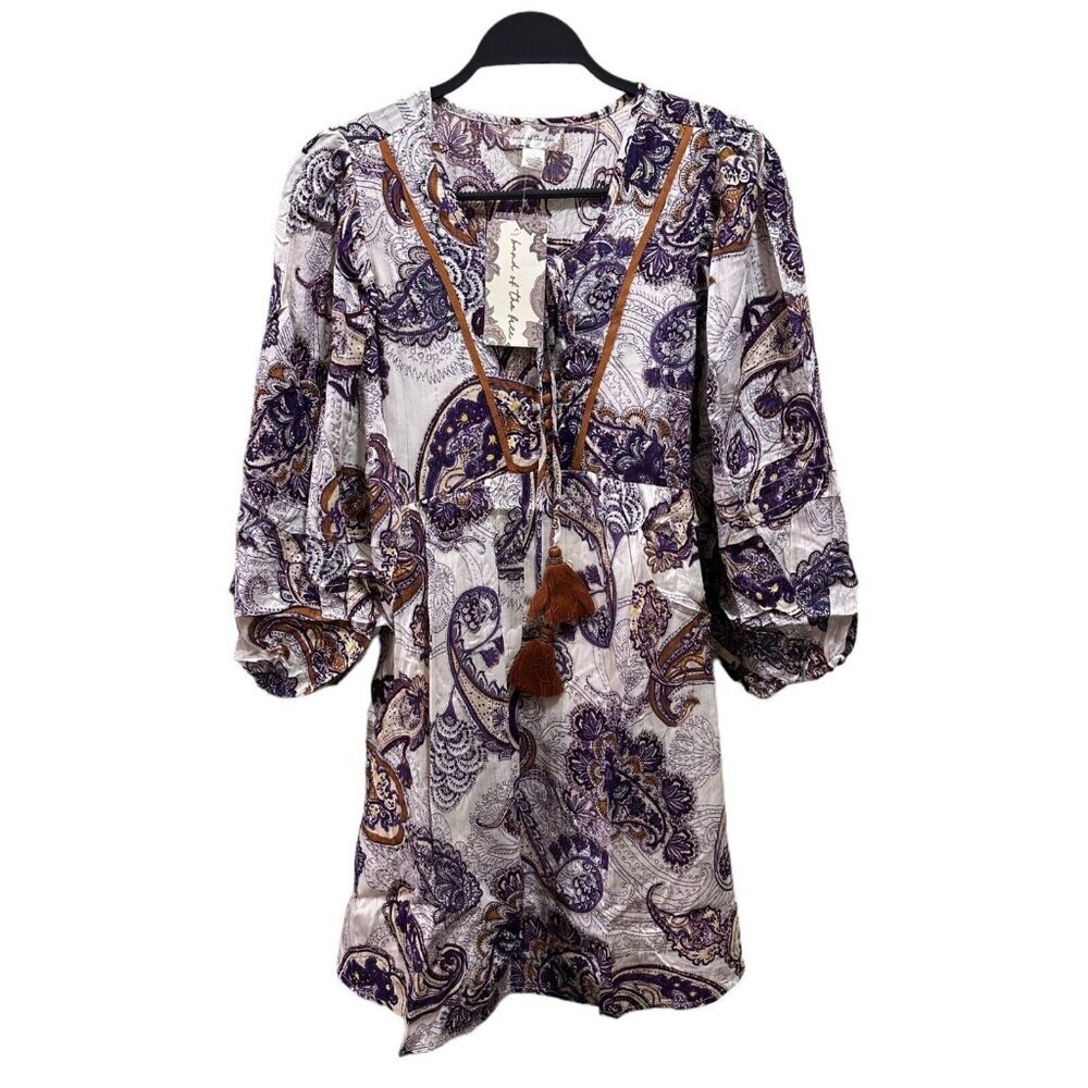 Band‎ Of The Free Size S Lyonnette Paisley Cream Purple Boho Mini Dress NWT